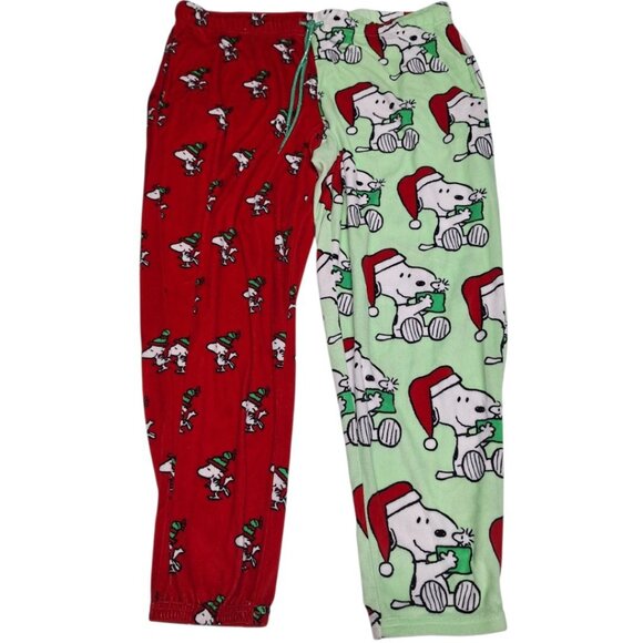 Peanuts Christmas Snoopy Red Green Pants Fluffy Soft Womens Large 12 10 Santa - Picture 1 of 8